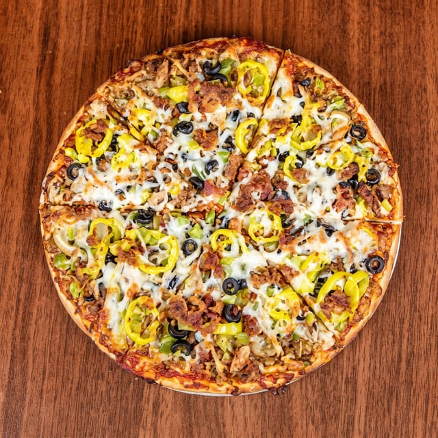 "The Works" Pizza.